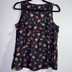 Forever 21 Black Floral Silk Ruffle Tank Top Sleeveless Blouse Small